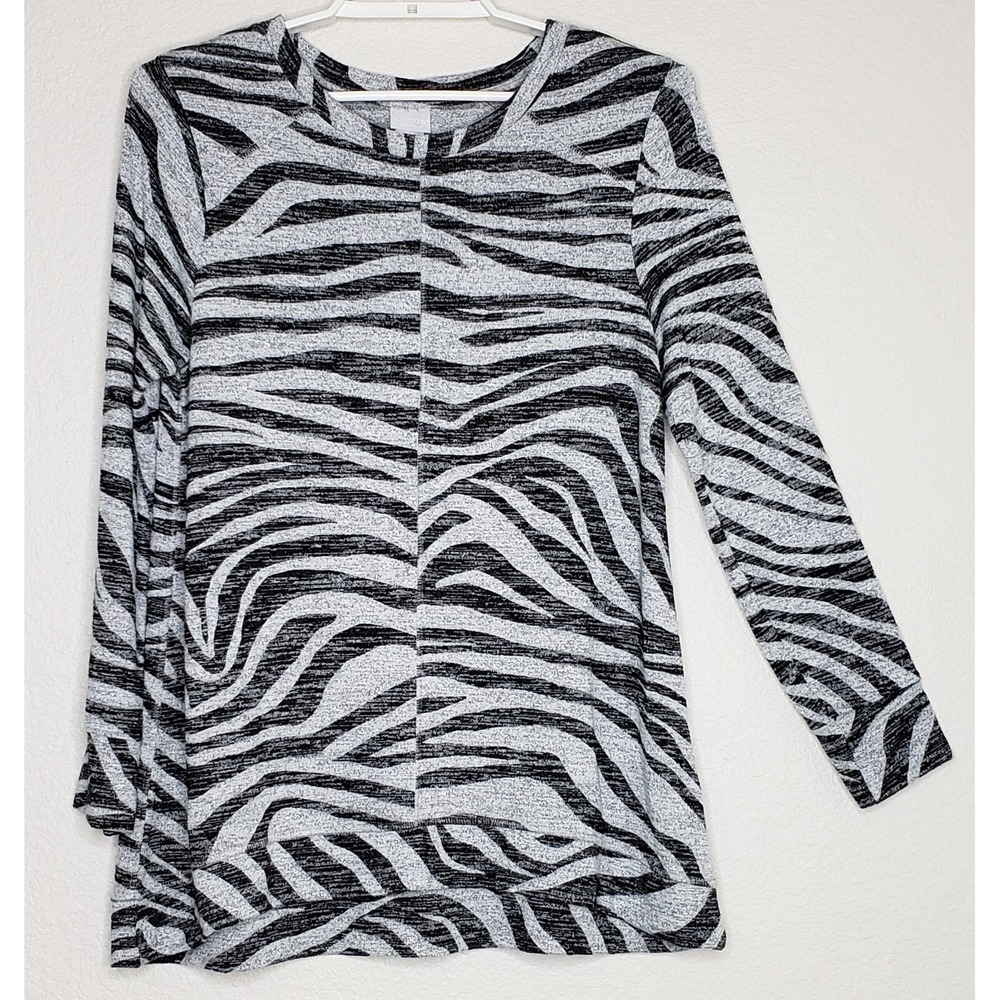 Chico's Women's‎ Tunic Top Sz 1 (8/10) Gray Black Zebra Rayon Blend Long Sleeve